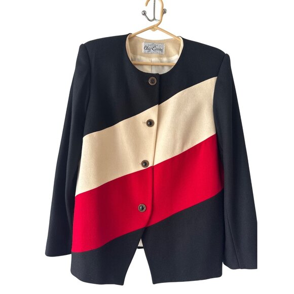 Vintage Oleg Cassini Women's Black White & Red Striped Wool Blend Blazer - Picture 1 of 8